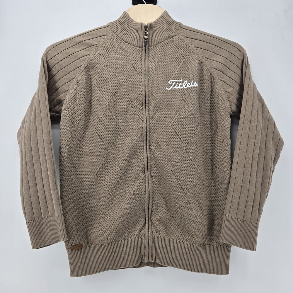 Titleist Cardigan Mens L Tan Golf Full Zip Sweater Spellout Breathable Lightweig